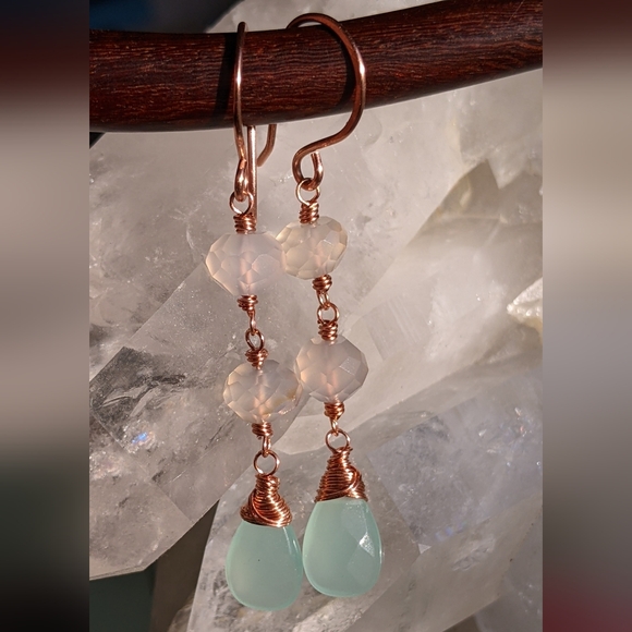 Artisan Chalcedony Earrings Copper Wire Wrapped Gemstone Jewelry - Picture 15 of 16